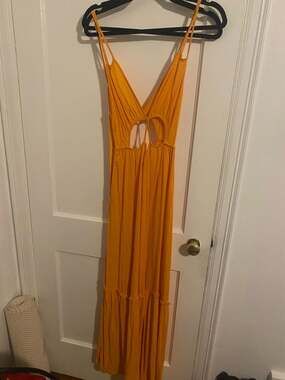 SHEIN Mustard Orange V-Neck Cutout Tiered Maxi Dress